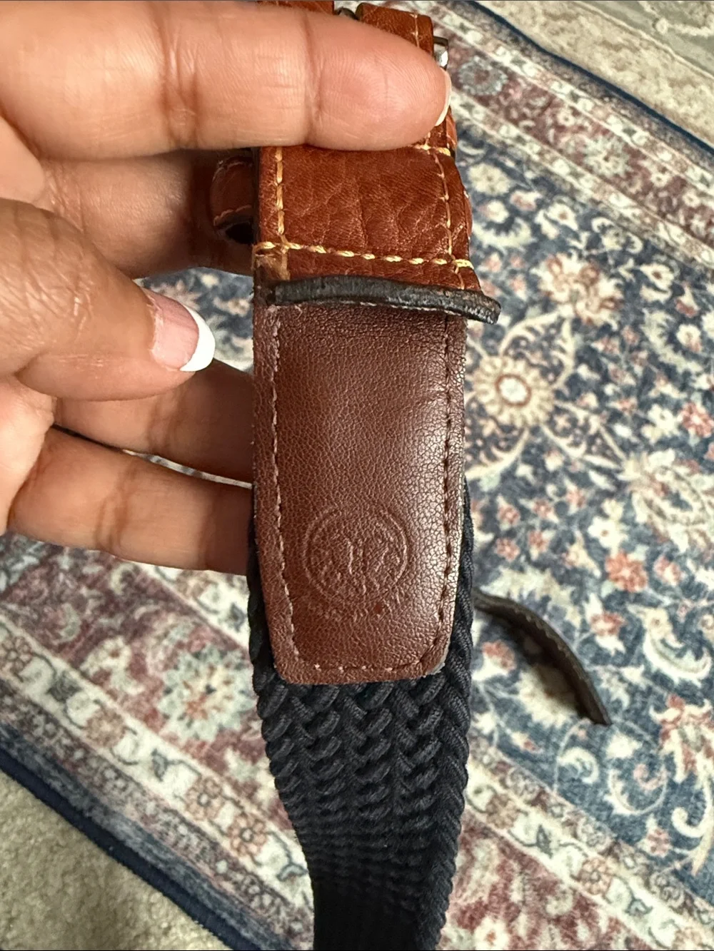 Men's Black Woven Belt with Brown Leather Trim and Silver Buckle